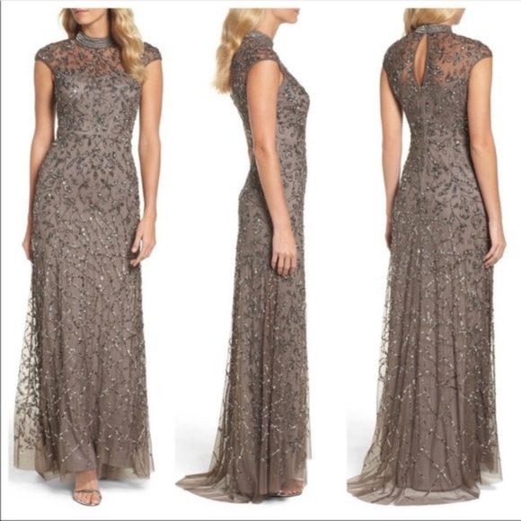 Adrianna Papell cap Sleeves,mock neck beaded long gown - Picture 2 of 10